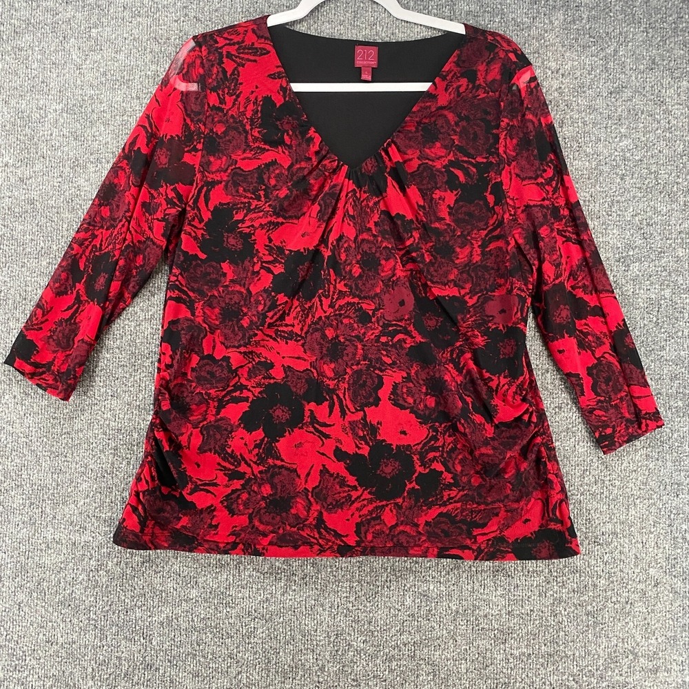 212 Collection Blouse Top Womens‎ L Black Red Floral V-Neck Whimsigoth 90s Y2K